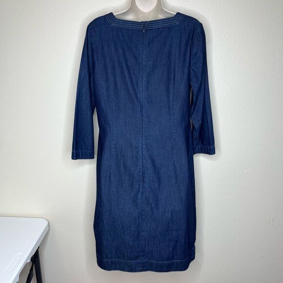 Talbots Square Neck Denim Shift Dress Blue Cotton Chambray 3/4 Sleeve Women 8 - Picture 7 of 13